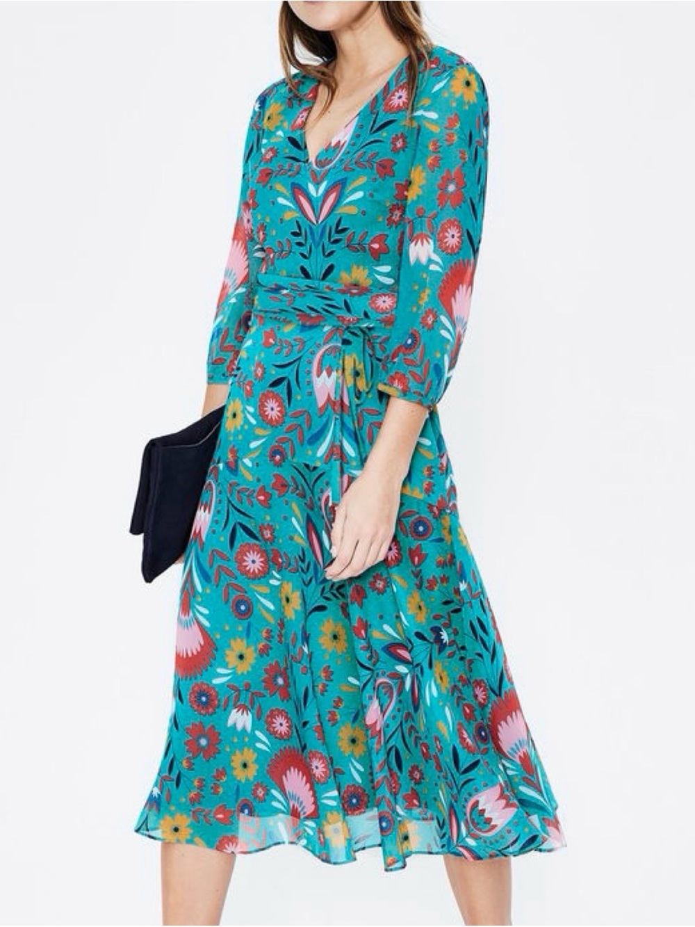 Boden Size 8 Turquoise Blue Floral V-Neck Tie-Waist Isabelle Midi Dress